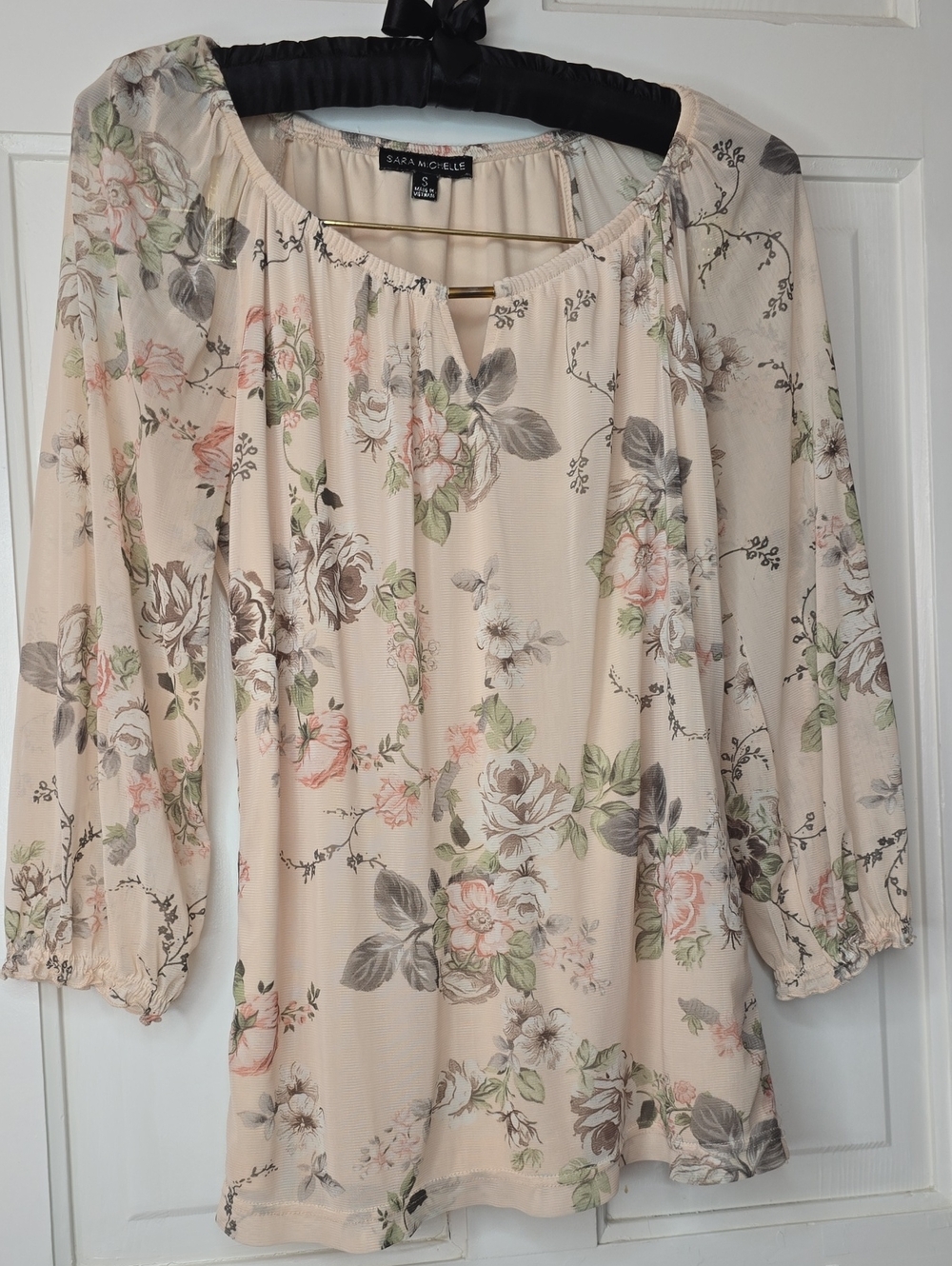Sara Michelle Cream Floral Peasant Top with Pink & Green Accents